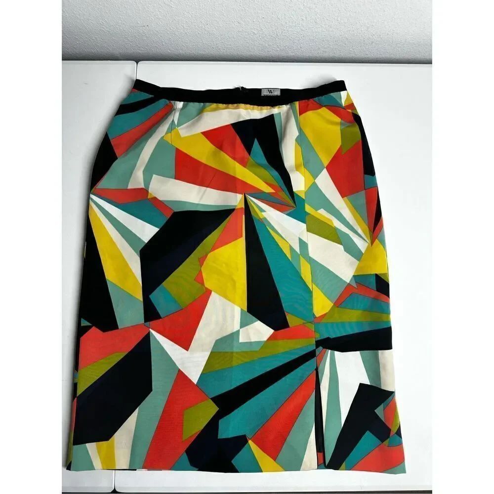 Worthington Skirt Size 12 Zipper Slit Orange Yellow Black Geometric Pattern Retr